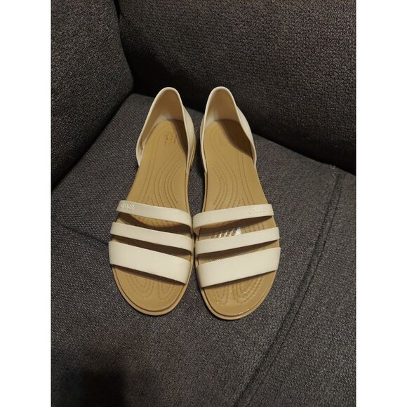 Crocs Sandals Tulum White Tan Womens Size 8 Strappy Flats Comfort Vacation - Picture 2 of 10